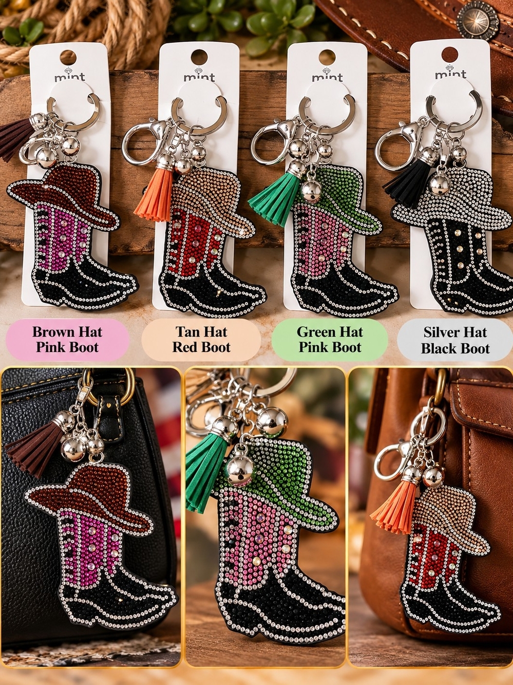 Mint Crystal Cowboy Boot Keychain - Green Hat Pink Boot